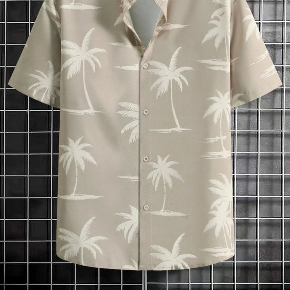 Khaki Vacation Style Men's Palm Print Shirt - Picture 2 of 6